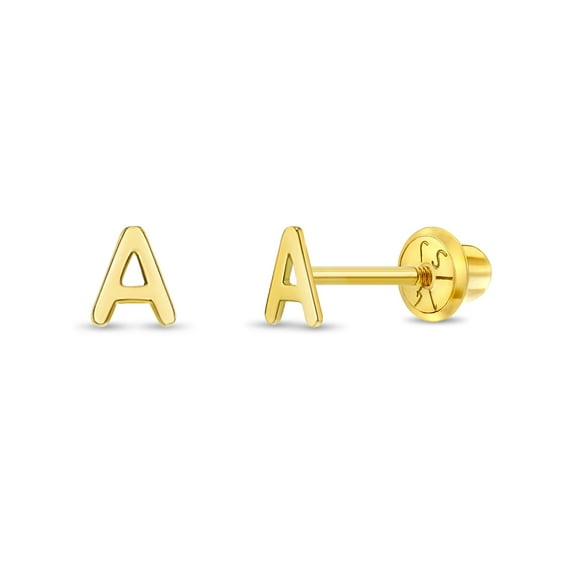 14k Gold Itsy Bitsy Initial Letter "A" Toddler Girls Earrings Safety Screw Back