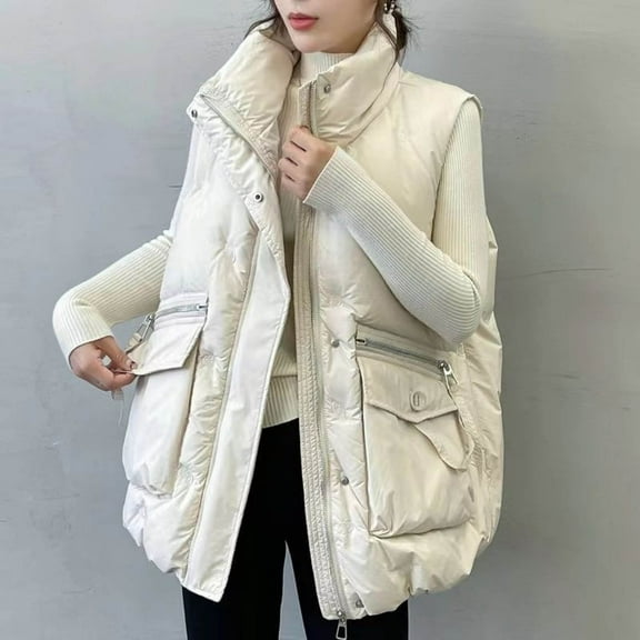 UPPADA Womens Fall Long Puffer Vest Trendy Fall Jackets Full-Zip Sleeveless Down Jacket Coat with Pockets,Plus Size Light Weight Puffer Jacket for Women Beige,L