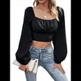 thumbnail image 3 of Blusa Corta de Larga con Volantes, Cuello Cuadrado y Fruncido para Mujer Negro XL, 3 of 10