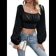 thumbnail image 3 of Blusa Corta de Larga con Volantes, Cuello Cuadrado y Fruncido para Mujer Negro L, 3 of 10