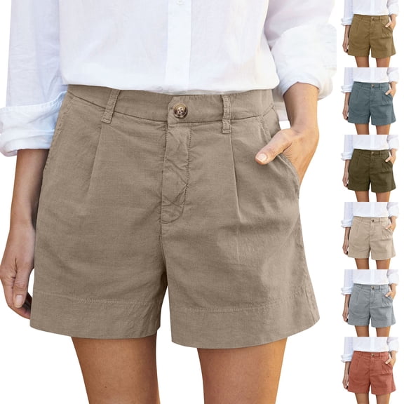 larppty Women Linen Shorts Summer Casual Chino Shorts High Waisted Bermuda Short Dressy Wide Leg Short with Pockets(Khaki, XXL)