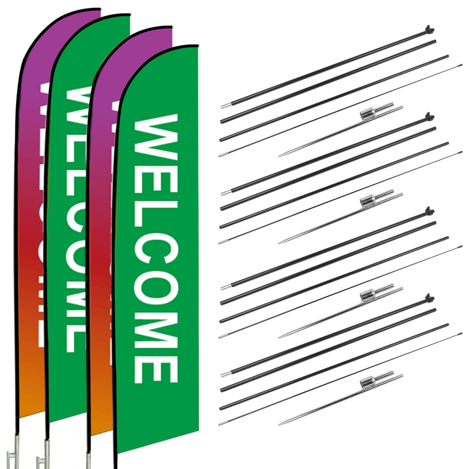2 Pack Welcome Feather Flag Pole Kit 15 Feet Advertising Flags Business Signs for Outside, Welcome Theme Feather Flags Green & Orange + Purple Gradient, Welcome Flag Banner