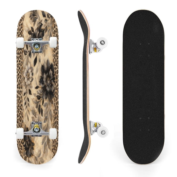 31"x8" Floral Leopard Print Border Black White Complete Skateboards for Beginners, Double Kick 7 Ply Maple Deck Skateboard with Wheels, Gifts for Kids Teens