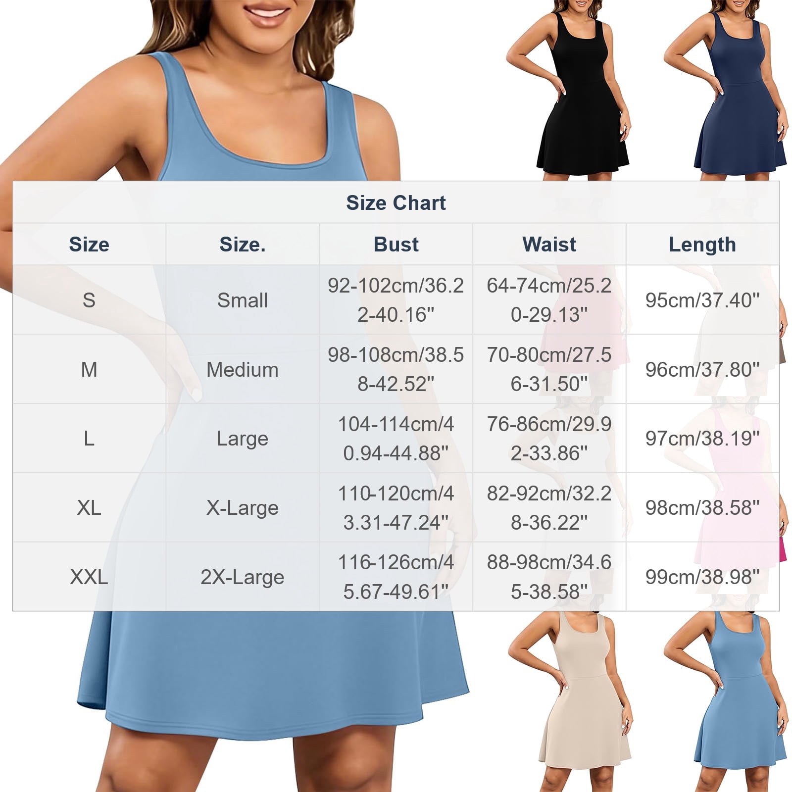 QSAWXQZ Women's Sleeveless Mini Dress Scoop Neck Casual Summer Beach Sundress Stretchy Solid Party Swing Athletic A Line Flare Tank Dress 2XL