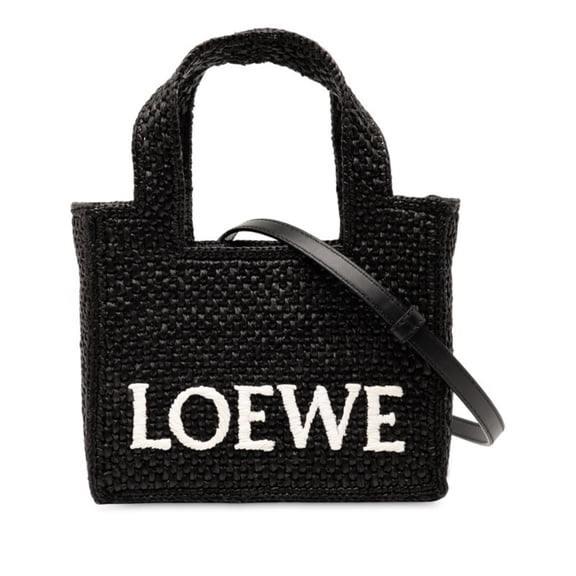 Pre-Owned LOEWE Font Tote Mini Bag/Shoulder Bag, 2-Way, Black Raffia and Leather,... (Good)