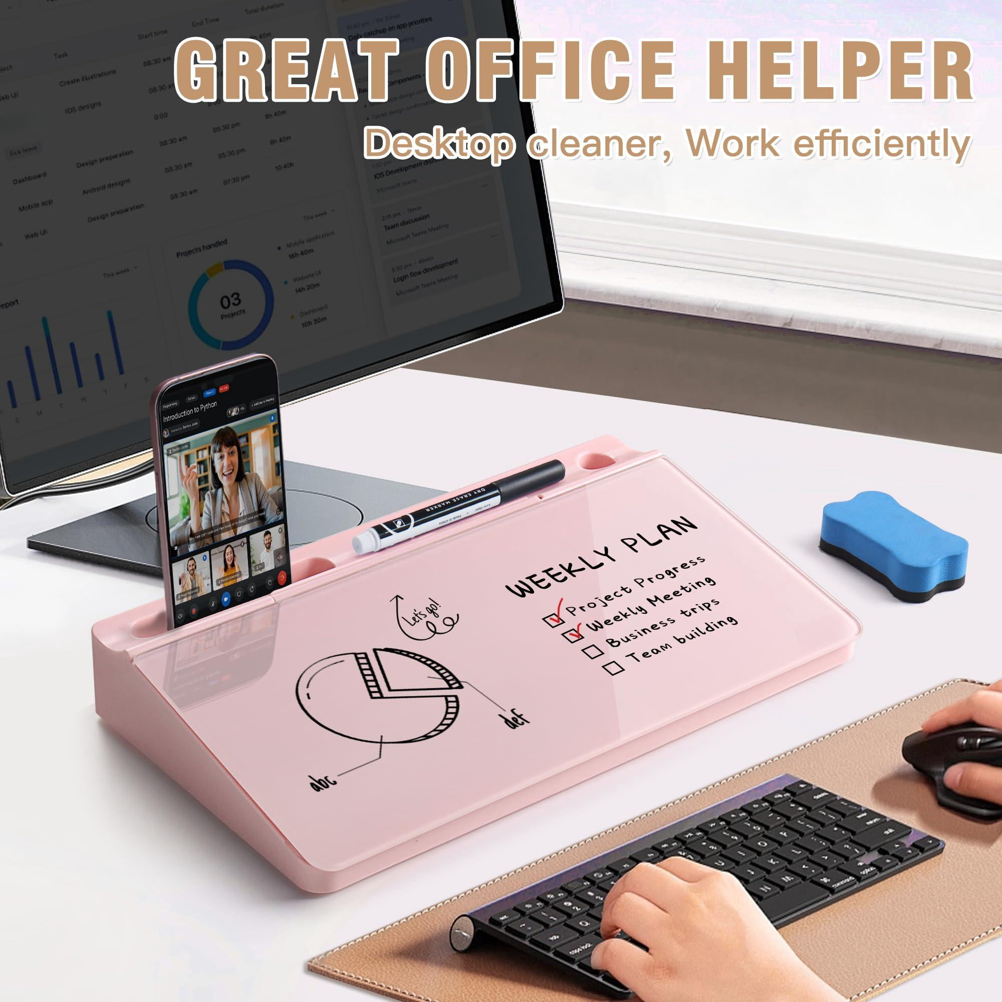 Desktop Glass Whiteboard With Storage  Small Dry Erase White Board Computer Pad Stand For Home School Office Desk Accessories - Pink
