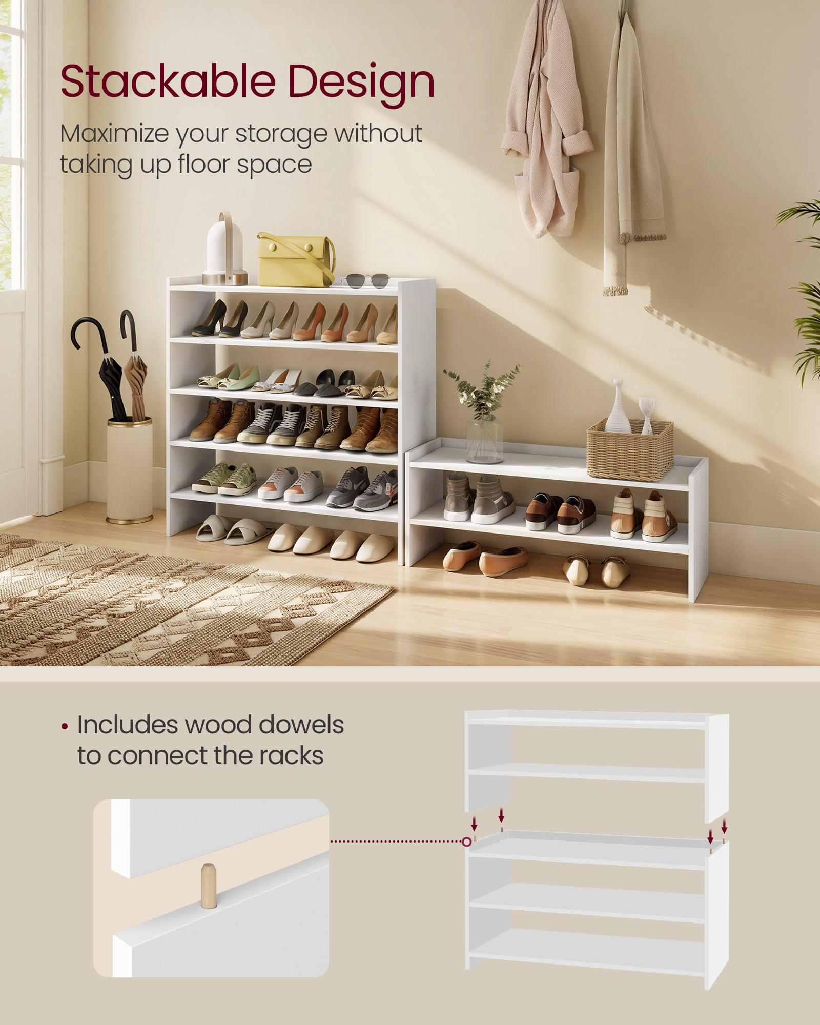 VASAGLE Shoe Rack for Closet, Stackable Shoe Organizer Shelf for Entryway, 2 Tiers, 11.7 x 32.3 x 14.2 Inches, White