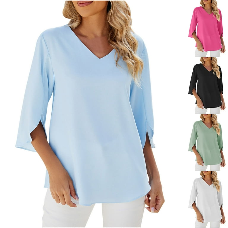 Savings Women s 3 4 Sleeve Blouses V Neck Casual Loose Tops Split Sleeve Solid Trendy Flowy Shirts Black 2XL Walmart