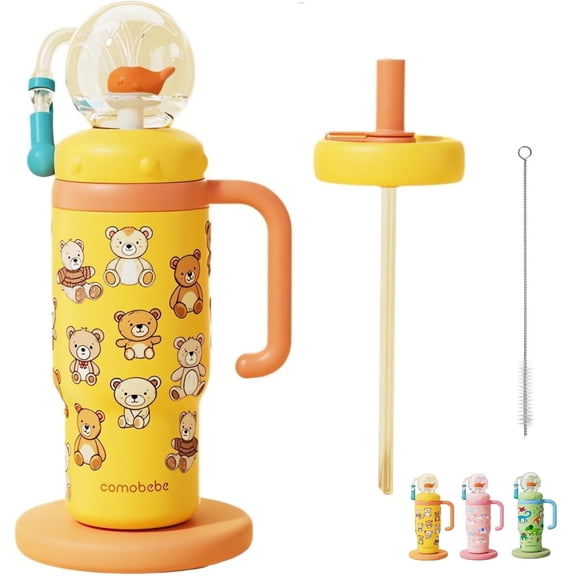 Arsey Whale Fountain Tumbler With Handle Two Lids 24 Oz Water Bottle, Cute Sippy Cup For Kids Teens Adults, Yellow Bear