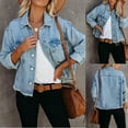 thumbnail image 2 of Jean Jacket Women's Cropped Denim Jacket, Distressed Button Jean Shirt, Long Sleeve Frayed Hem Short Blue Jean Coat Blue XL, 2 of 9