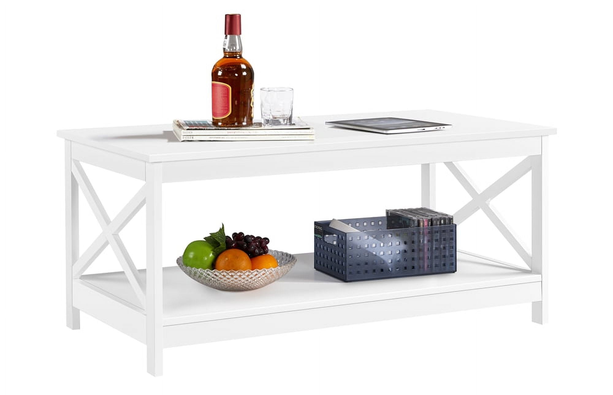 Alden Design  39.5 in 2-Tier Wood x Design Coffee Table with Storage Shelf for Living Room, White