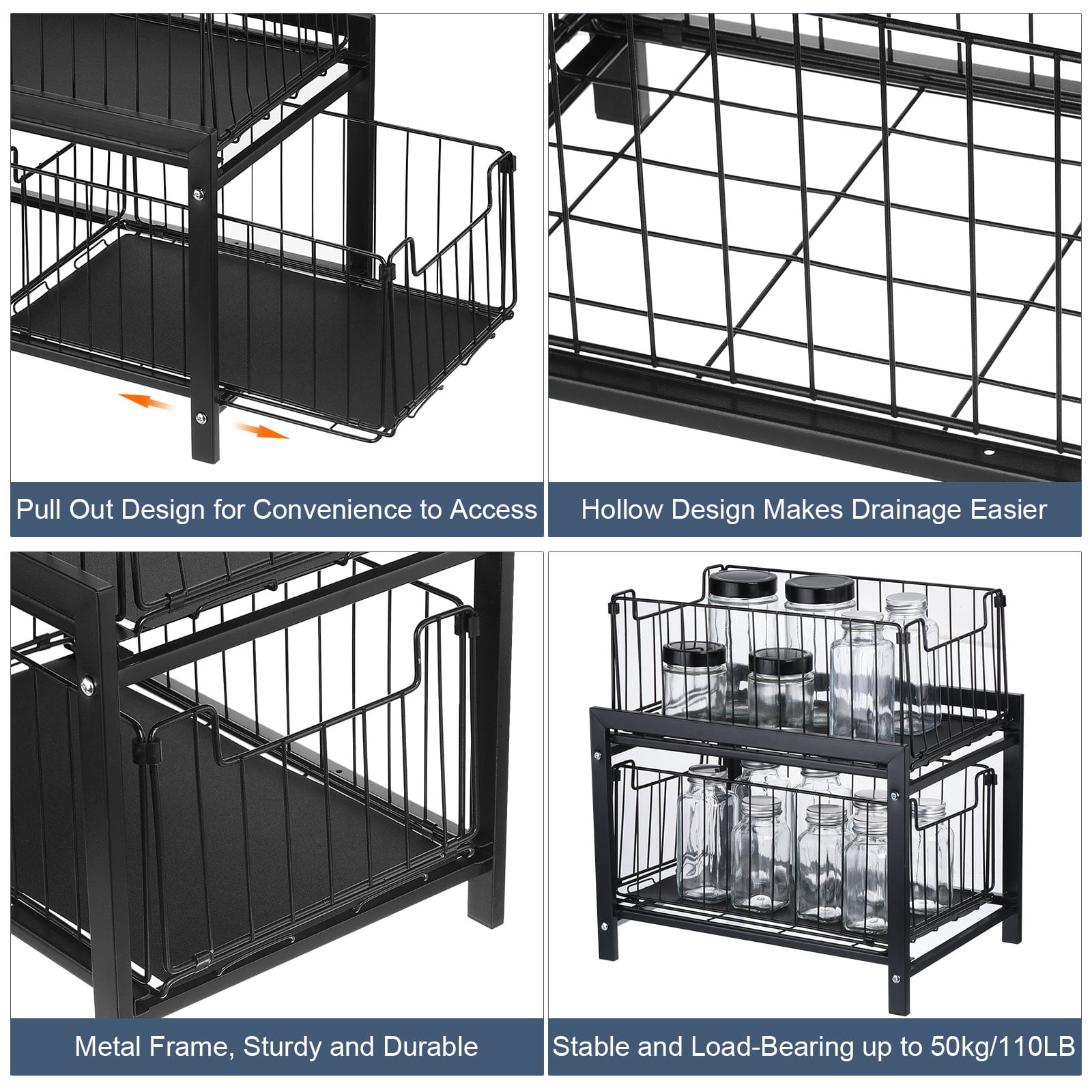 Unique Bargains 2-Tier Under Sink Rack Organizer w Slide-Out Drawer for Kitchen Bathroom