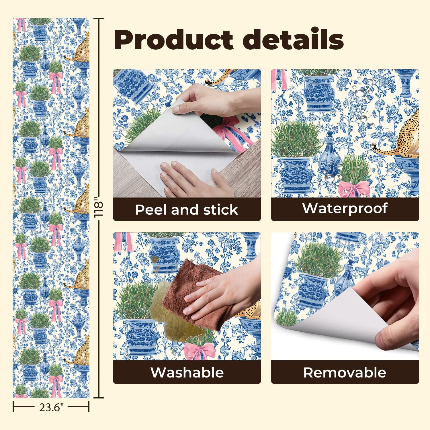 Cheetah Peel and Stick Wallpaper 23.6in x 9.8ft Blue White Floral Cheetah Ribbon Tied Planters Contact Paper Vinyl Waterproof Self Adhesive Wall Paper for Bedroom Shelf Cabinet Renter Friendly