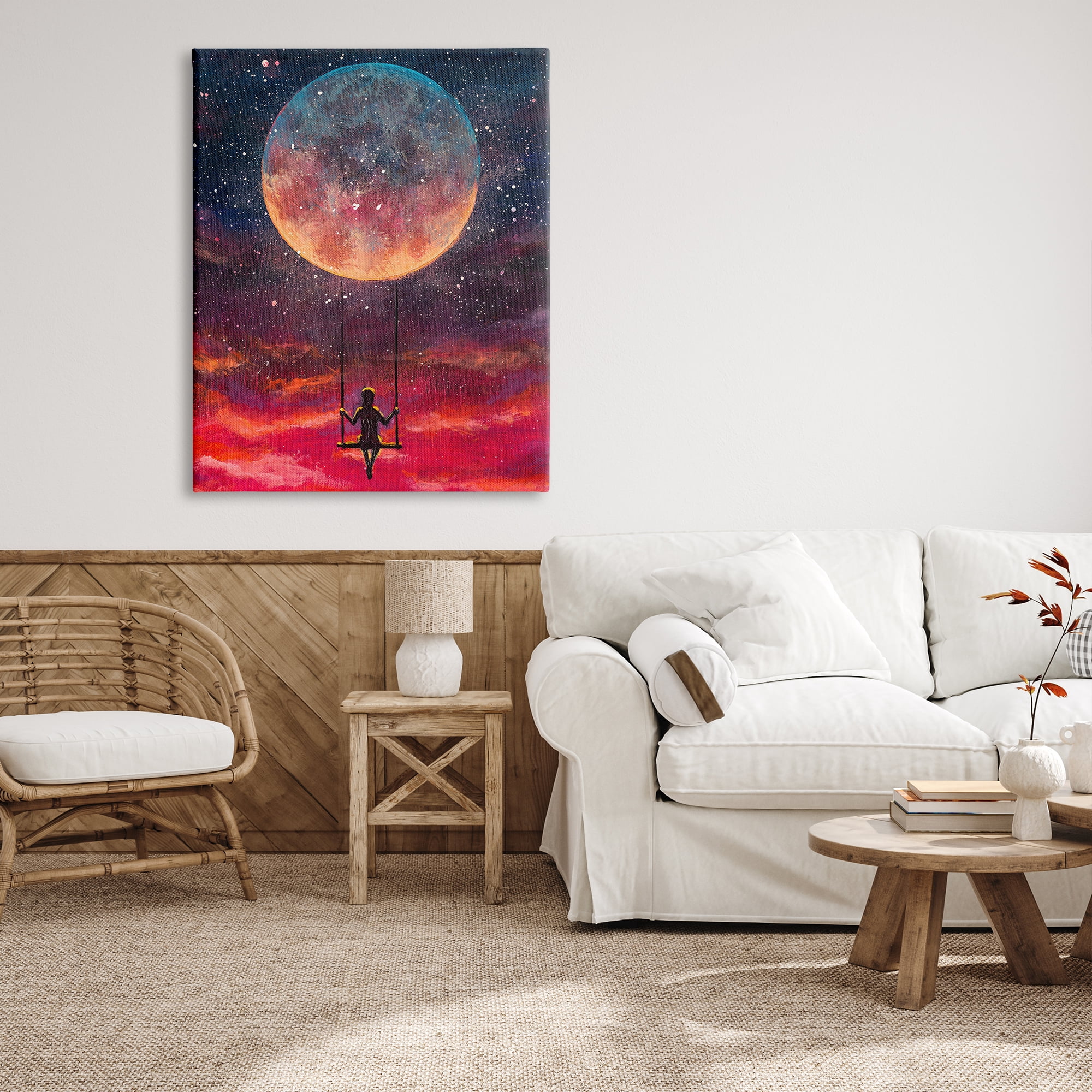 Stupell Industries Person Swinging From Moon Nature Painting Gallery Wrapped Canvas Print Wall Art, 36 x 48