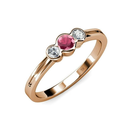 

Rhodolite Garnet and Diamond (SI2-I1 G-H) Three Stone Ring 0.56 ct tw in 14K Rose Gold.size 8.5