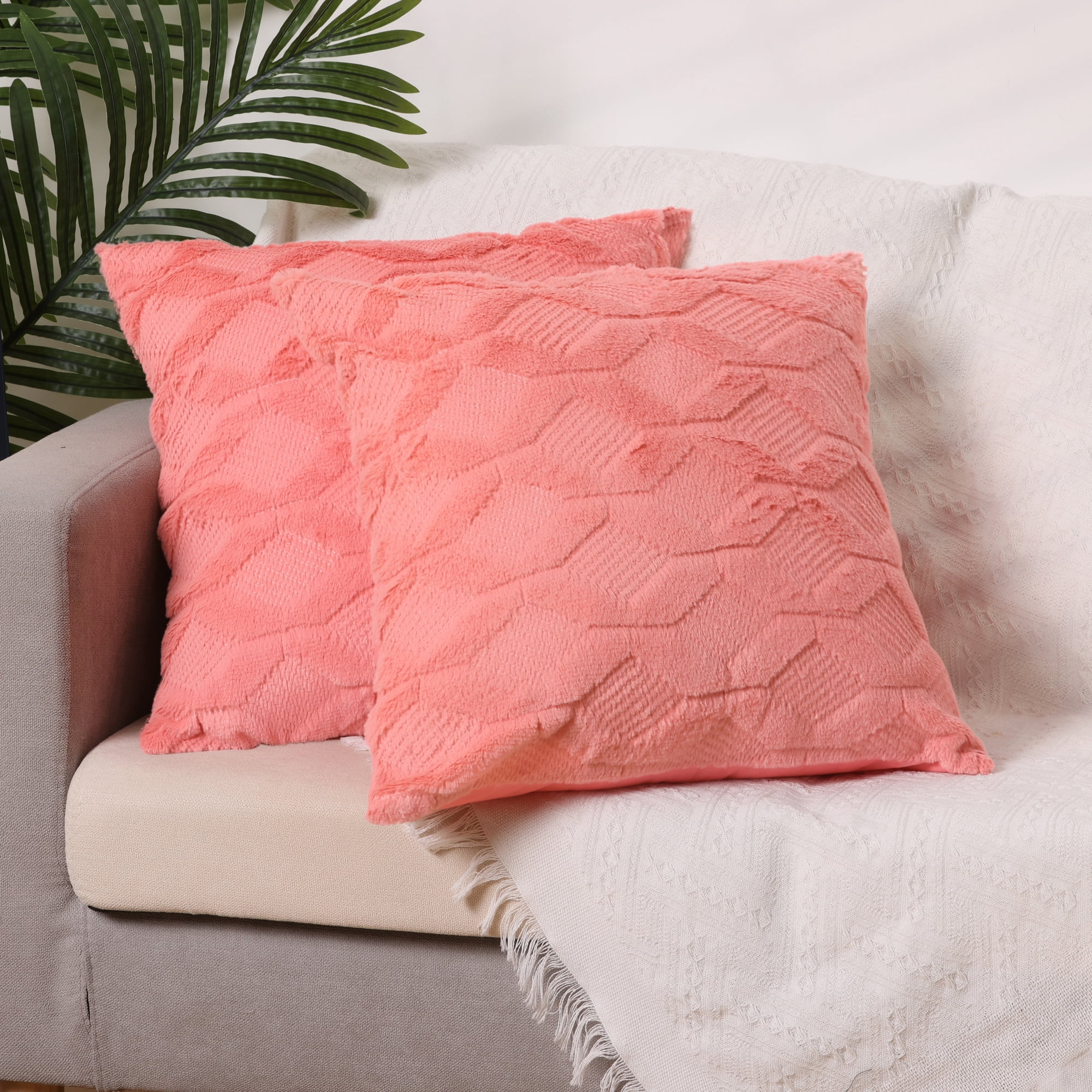 Unique Bargains Short Plush Solid Living Room Decorative Pillow Covers (2 Count) Coral Red 18" x 18"