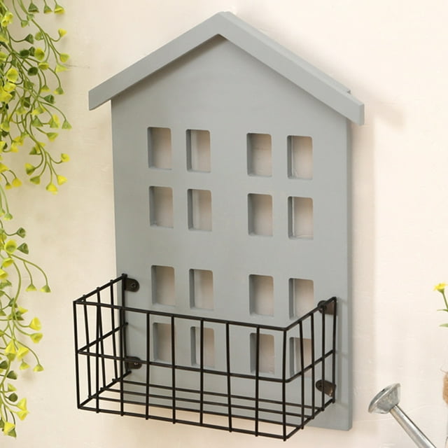 Estantes de almacenamiento de pared hechos a mano de madera con forma de casa, estante de pared para dormitorio y sala de estar, color gris