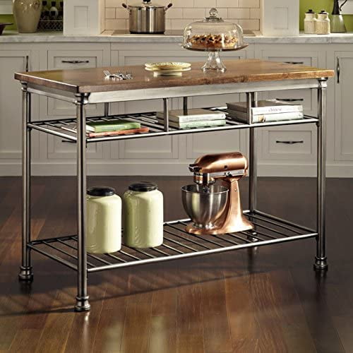 Modern Industrial Solid Wood Butcher Block Top Kitchen Cart With Metal Frame 2 Built In Shelves And Spindle Legs Com Modern Industrial Solid Wood Butcher, Industrial Kitchen Island Butcher Block