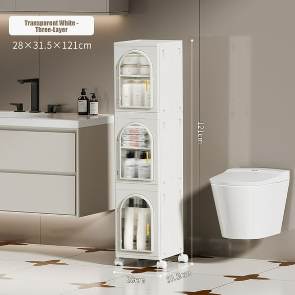 KHNR 3 Tiers Tall Narrow Bathroom Storage Cabinet with Doors and Adjustable Shelves Slim Plastic Waterproof Organizers Foldable Floor Skinny Cabinets for Small Spaces Kitchen Laundry Room Bedroom
