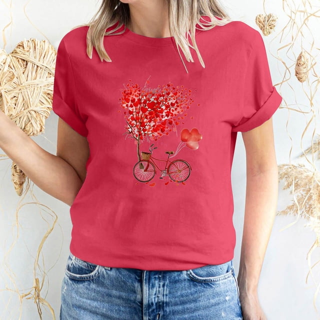 T-shirt à Manches Courtes Imprimé Amour de la Saint-Valentin pour Femmes, Col Rond
