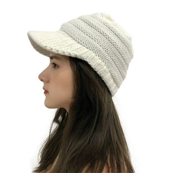 QWERTYU with Brim Beanie Hats for Women Warm Soft Winter Cable Knit Thick Hats A One Size