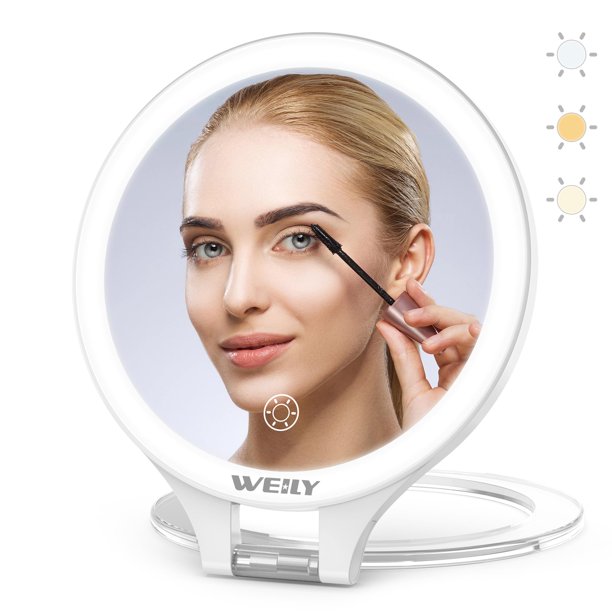 Espejo de maquillaje con aumento WEILY 10X/1X, espejo de viaje con luz, espejo recargable de doble cara con 3 luces de color para
