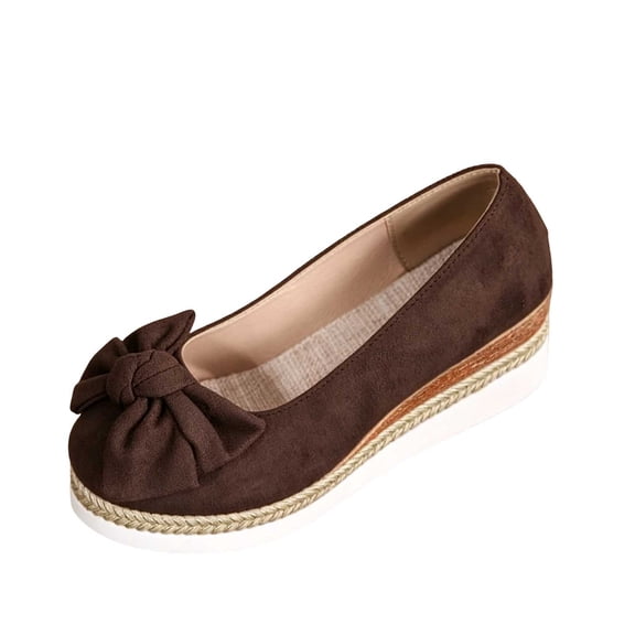 Gpaecead Women's Bow Platform Wedge Mary Jane Shoes Round Toe Espadrille Style Faux Suede Slip On Cushioned Shoes For Casual Brown