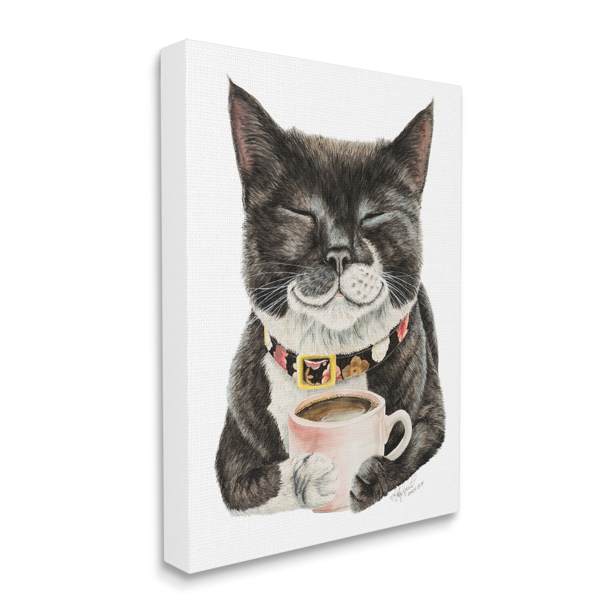 Stupell Industries Smiling Cat & Coffee Mug Animals & Insects Painting Gallery Wrapped Canvas Print Wall Art, 24 x 30