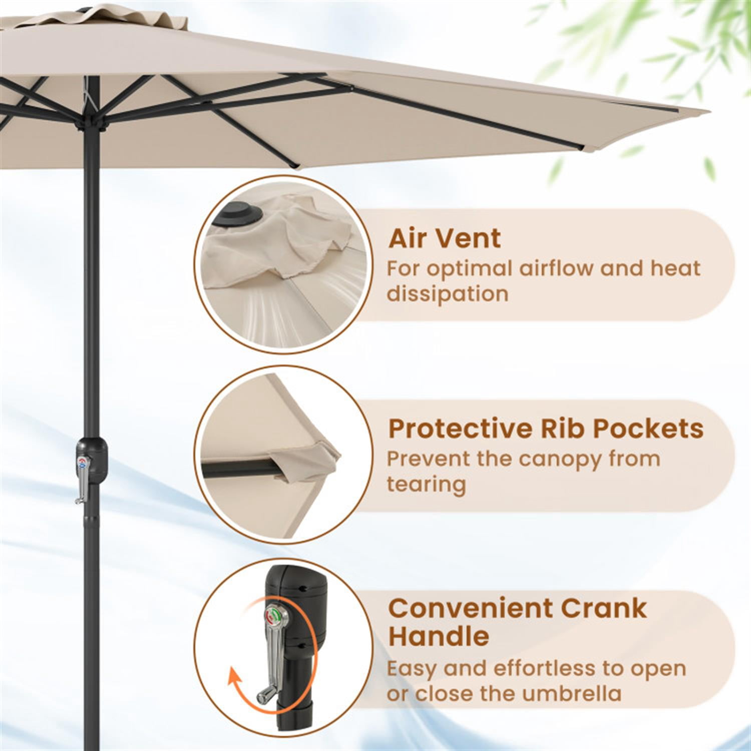 Demi Bonn 12 Feet Outdoor Patio Umbrella with Crank Handle and 8 Sturdy Ribs, Outdoor Table Umbrella, Yard Umbrella, Beige