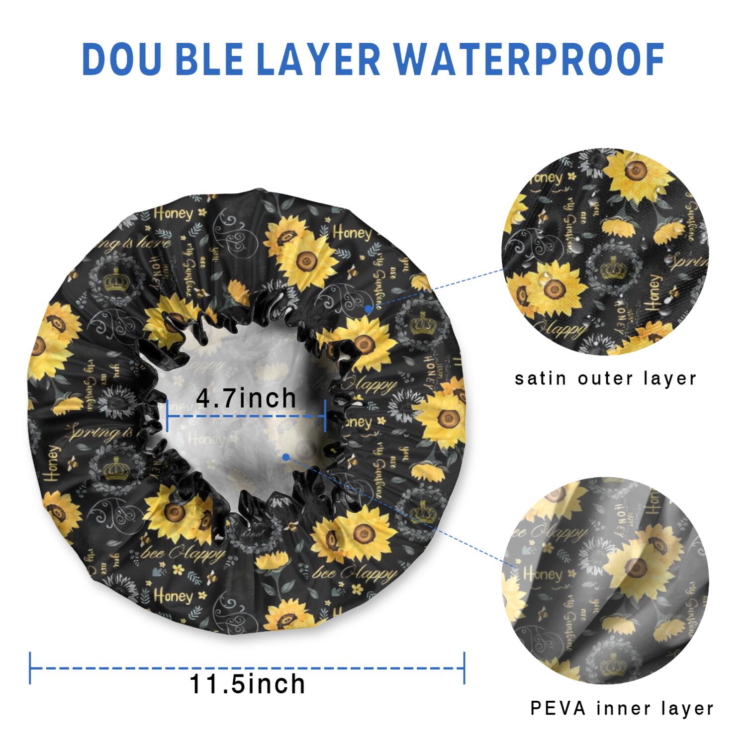 Shower Caps,Black Sunflower Word Pattern Waterproof Shower Cap for Women 4 Pieces,Double Reusable Hair Cover for Shower PEVA Elastic Stretch Hem