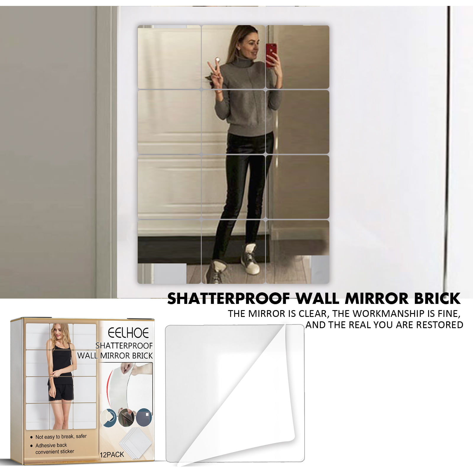 Unbreakable Full Length Mirror Wall Tiles,Shatterproof Plexiglass Full Body  Mirror,Extra Thick1/8,12x12x4Pcs,Closet Mirrors for Bedroom,Gym Mirrors