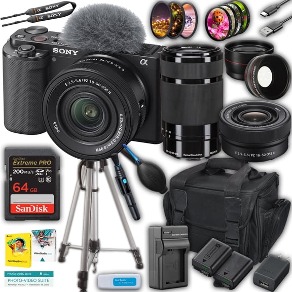 Sony ZV-E10 Mirrorless Camera w/ 16-50mm II & 55-210mm OSS Lenses   64GB Extreme Pro, Case, 50" Tripod & Filter Kit (International Version)