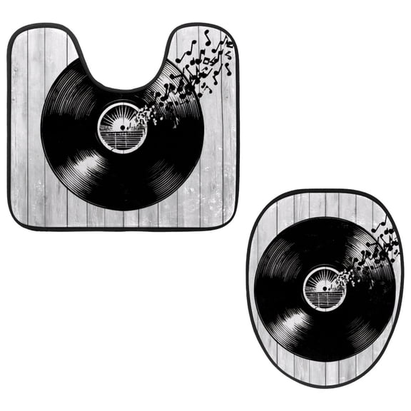 PhooArto Toilet Lid Cover and U-Shaped Toilet Floor Mat Set of 2 Pieces, Music Vinyl Record Toilet Mat Set, Machine Washable Seat Covers Non-Slip Absorbent Rugs