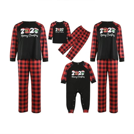 

Christmas Parent-child Outfit Cap Letter Printing Plaid Long Sleeve Round Collar Sleepwear/Jumpsuit for Mother/Father/Baby