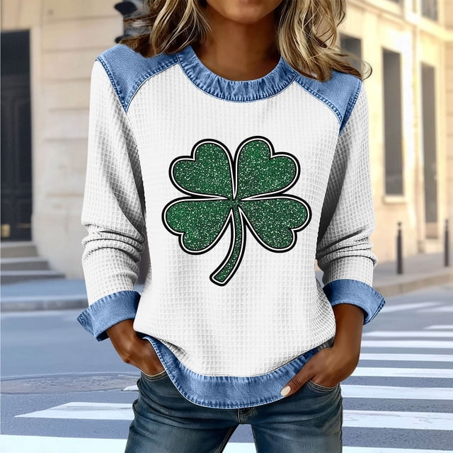 TaTaai Women St Patrick's Day Printed Waffle Knit Long Sleeve Top Crew Neck Denim Splice Casual Solid Color Fashion Top for Daily Street Wear Gift