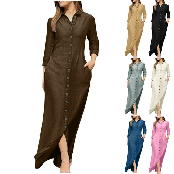 Ashirexll Winter Dress for Women, Long Sleeve Maxi Dress, Womens Fashion Casual Color Turndown Collar Loose Comfortable Sleeve Dress Fall Winter Elegant Outfit