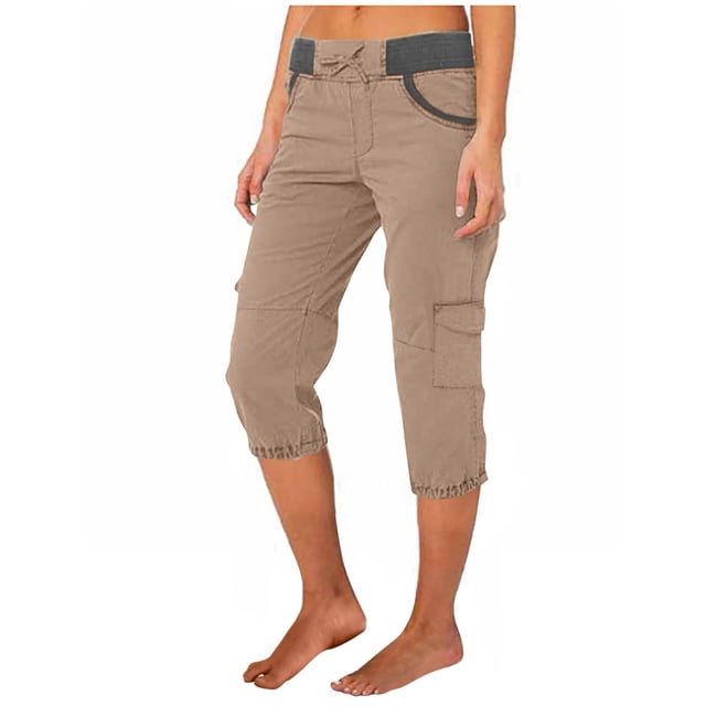 Mgmyaa Pantalons Cargo Décontractés pour Femmes, Couleur Unie, Taille Mi-Haute, Pantalons Raccourcis avec Poignets Rétractables
