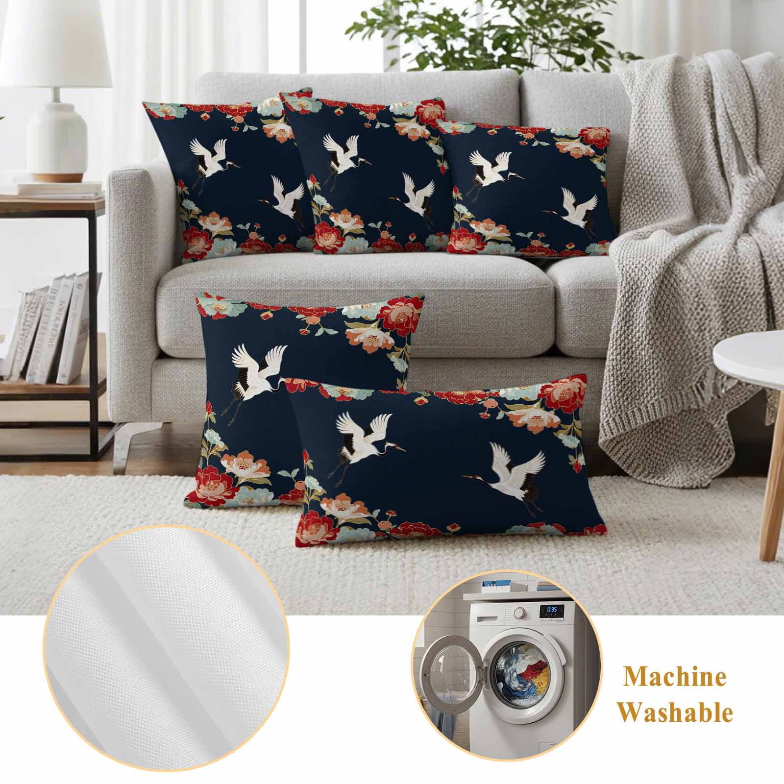 Pack of 2 Navy Blue Crane Outdoor Pillow Covers Decorative, Waterproof Pillow Protector, Vintage Red Teal Spring Floral Botanical Throw Pillowcases Accent Cushion Cases for Patio Couch Sofa 20"x20"
