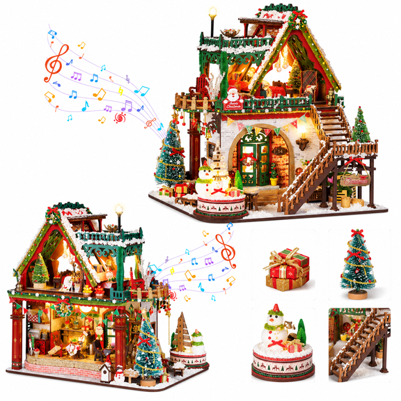 Christmas DIY Miniature Dollhouse Kit with Music, 3D Wooden Model House Building Set, Mini Handmade Craft Gift for Adults & Teens, Festive Holiday Room Decor with Furniture Accessories