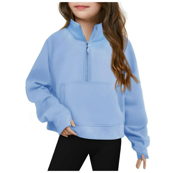 Curenmufel Girls Half Ziper Collar Cropped Long Sleeve Zip up Pullover Sweatshirts(Light Blue,11-12 Years)