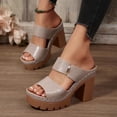 thumbnail image 3 of Rokment Womens Platform High Heels Dressy Slides Slippers Sandals Ladies Fashion Casual Leather Chunky Block Heeled Slip on Dress Summer Shoes Business Office Work Khaki Size 8, 3 of 6