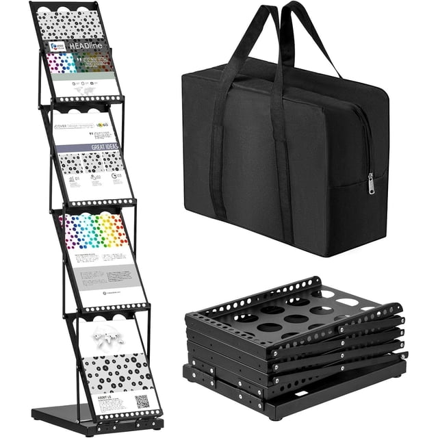 Tatuo 1 Piece Foldable Magazine Rack Metal Catalog Literature Rack Portable 4 Pockets with Carrying Bag Brochure Stand Literature Display Holder Stand for Exhibition Trade Show