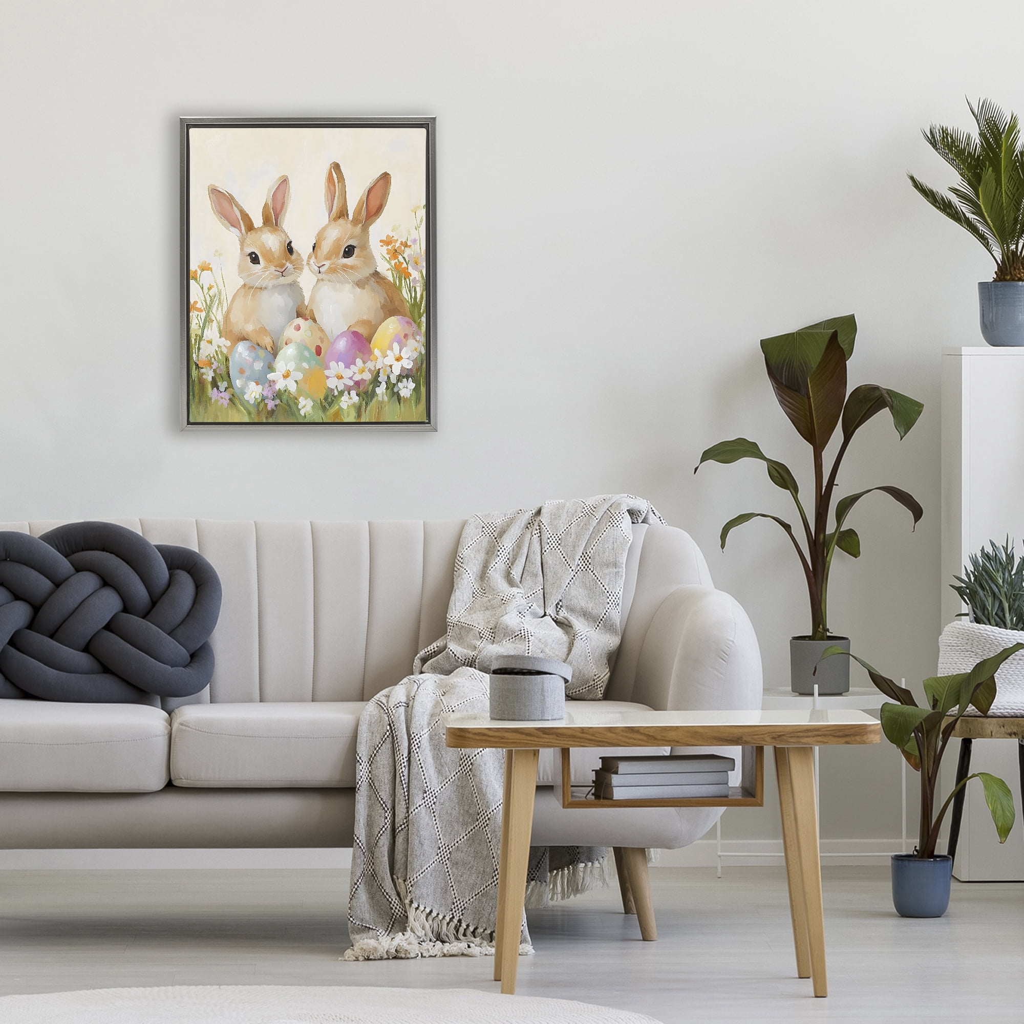 Stupell Industries Bunnies with Painted Easter Eggs Gray Framed Floater Canvas Wall Art, design by The Prints Vibe