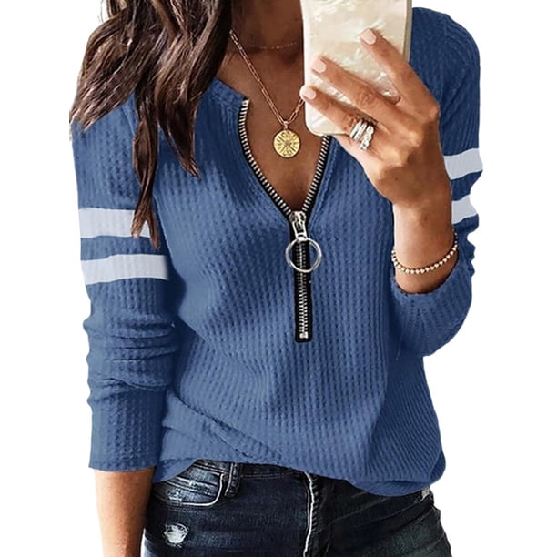 Camisetas de manga larga para mujer con cuello en V y cremallera, blusa tipo túnica de punto tipo gofre