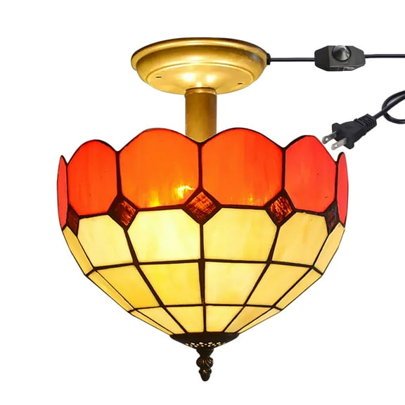 Kiven 11.8in Flush Mount Ceiling Light Fixture Dimmable, 2-Light Anti Glare Close to Ceiling Light with 15FT Plug-in Cord, Tiffany-Style Glass Chandelier for Bedroom Kitchen Hallway(No.3196)