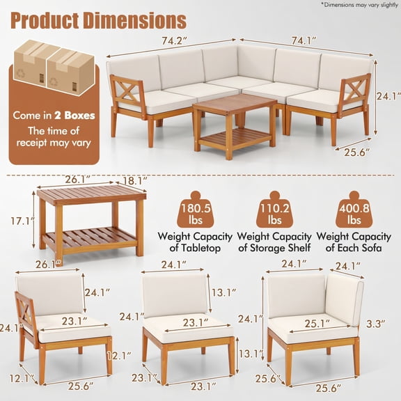 Resenkos Patio Furniture Sets,Outdoor & Patio Furniture Sets,6 Pieces Acacia Wood Patio Furniture Set with Cushions and 2-Tier Coffee Table-White