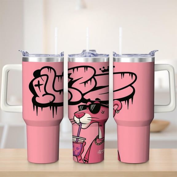 Pink Cartoon Animal Stainless Steel Insulated Mug with Lid and Handle, 30oz