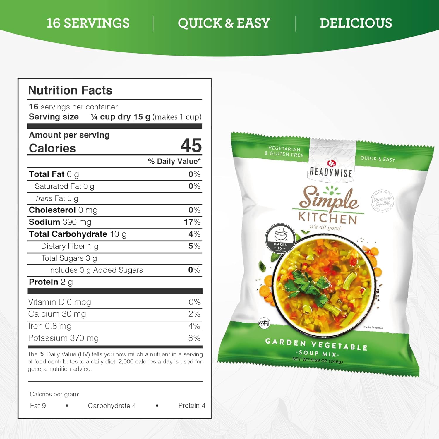 ReadyWise Simple Kitchen Restaurant Quality Soup Mix|Garden Vegetable Soup Mix 16 Servings per Pouch|Professional Series|Food Service,Emergency Food Storage,Caterers,Vegetarian & Gluten-Free,Pack of 4