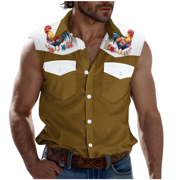 Camisas de Cuello para los Hombres de Moda Casual Imprimir Turndown Cuello sin Mangas Bolsillos Deportivos Tanque, Ligero Top de Verano