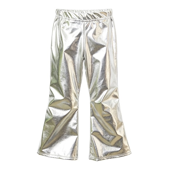 BLVB Girls Shiny Flare Pants Loose Fit Dance Bell Bottoms Elastic Waist Sparkly Wide Leg Trousers for Toddler Kids(Silver,14-15Years)
